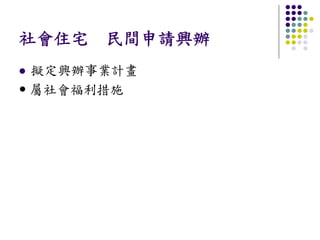 社會住宅 民間申請興辦
擬定興辦事業計畫
屬社會福利措施
 