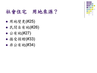 社會住宅 用地來源？
用地變更(#25)
民間自有地(#26)
公有地(#27)
接受捐贈(#33)
非公有地(#34)
 