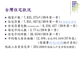 台灣住宅狀況
 總家戶數：7,835,375戶(99年第一季)
 住宅存量：7,851,407宅(99年第一季)住宅統計資訊
 住宅存量宅數(房屋稅籍住宅類)：8,334,427 (99年第一季)
 每宅平均人數：3.77人(99年第一季)
 住宅平均坪數：38.65坪(99年第一季)
 平均每人居住面積：12.9坪,台北市9.43坪(97年底)
               (營建署住宅e化網統計資訊)
低收入自有住宅率：32%(2008年低收入戶生活情況調查)
 