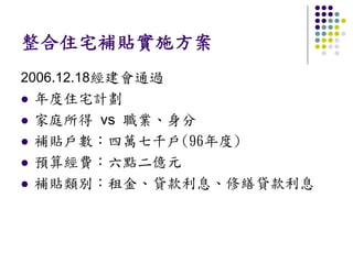 整合住宅補貼實施方案
2006.12.18經建會通過
 年度住宅計劃
 家庭所得 vs 職業、身分
 補貼戶數：四萬七千戶(96年度)
 預算經費：六點二億元
 補貼類別：租金、貸款利息、修繕貸款利息
 
