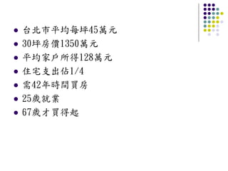 台北市平均每坪45萬元
30坪房價1350萬元
平均家戶所得128萬元
住宅支出佔1/4
需42年時間買房
25歲就業
67歲才買得起
 