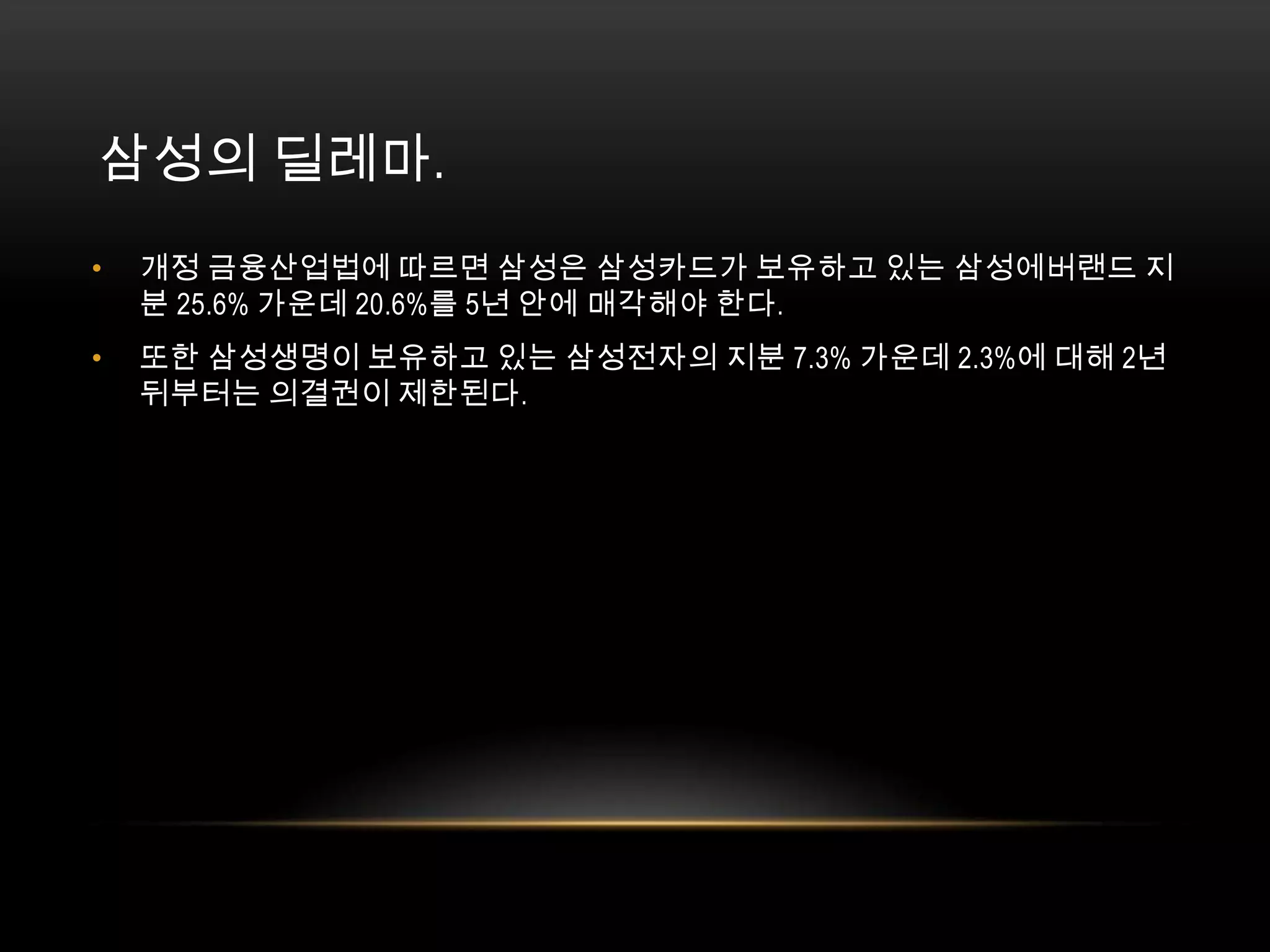 삼성의 딜레마. 개정 금융산업법에 따르면 삼성은 삼성카드가 보유하고 있는 삼성에버랜드 지분 25.6% 가운데 20.6%를 5년 안에 매각해야 한다. 또한 삼성생명이 보유하고 있는 삼성전자의 지분 7.3% 가운데 2.3%에 대해 2년 뒤부터는 의결권이 제한된다. 