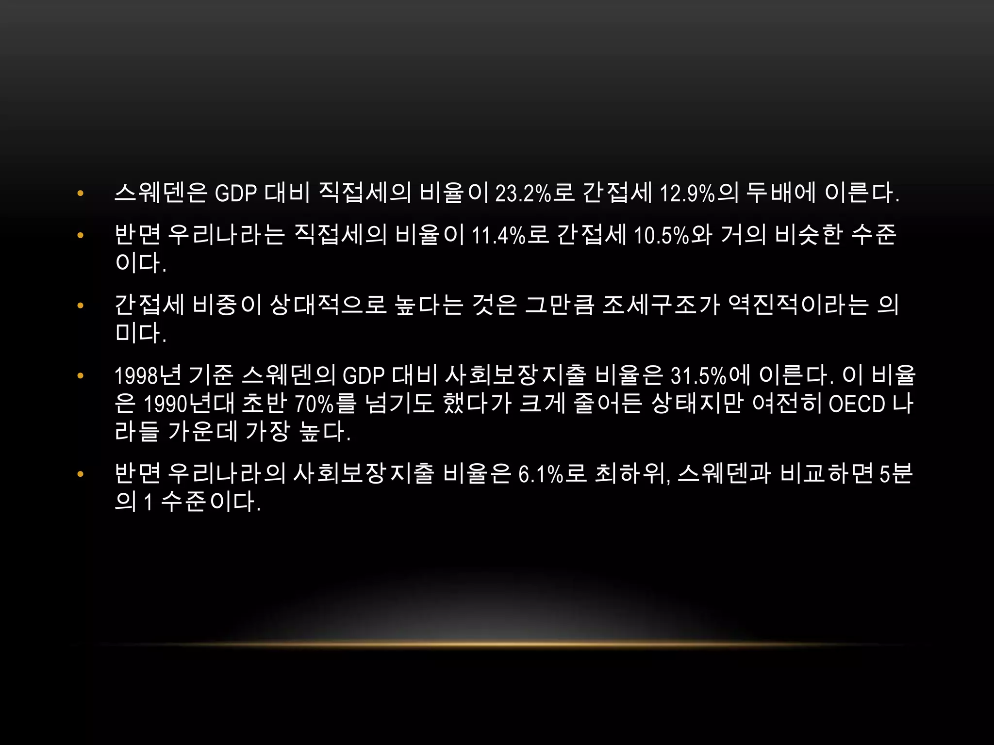 스웨덴은 GDP 대비 직접세의 비율이 23.2%로 간접세 12.9%의 두배에 이른다. 반면 우리나라는 직접세의 비율이 11.4%로 간접세 10.5%와 거의 비슷한 수준이다. 간접세 비중이 상대적으로 높다는 것은 그만큼 조세구조가 역진적이라는 의미다.1998년 기준 스웨덴의 GDP 대비 사회보장지출 비율은 31.5%에 이른다. 이 비율은 1990년대 초반 70%를 넘기도 했다가 크게 줄어든 상태지만 여전히 OECD 나라들 가운데 가장 높다. 반면 우리나라의 사회보장지출 비율은 6.1%로 최하위, 스웨덴과 비교하면 5분의 1 수준이다. 