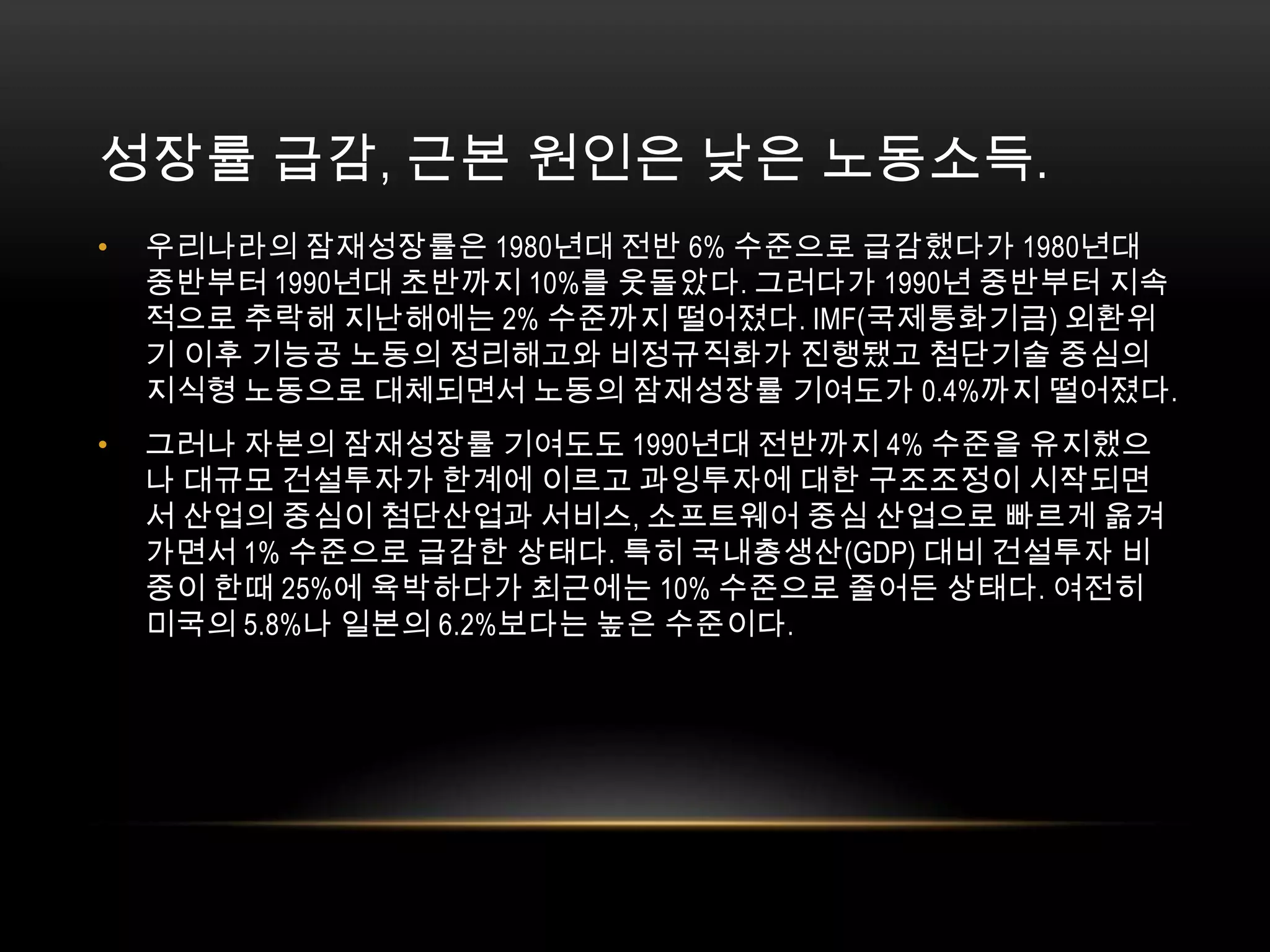 성장률 급감, 근본 원인은 낮은 노동소득.우리나라의 잠재성장률은 1980년대 전반 6% 수준으로 급감했다가 1980년대 중반부터 1990년대 초반까지 10%를 웃돌았다. 그러다가 1990년 중반부터 지속적으로 추락해 지난해에는 2% 수준까지 떨어졌다. IMF(국제통화기금) 외환위기 이후 기능공 노동의 정리해고와 비정규직화가 진행됐고 첨단기술 중심의 지식형 노동으로 대체되면서 노동의 잠재성장률 기여도가 0.4%까지 떨어졌다. 그러나 자본의 잠재성장률 기여도도 1990년대 전반까지 4% 수준을 유지했으나 대규모 건설투자가 한계에 이르고 과잉투자에 대한 구조조정이 시작되면서 산업의 중심이 첨단산업과 서비스, 소프트웨어 중심 산업으로 빠르게 옮겨가면서 1% 수준으로 급감한 상태다. 특히 국내총생산(GDP) 대비 건설투자 비중이 한때 25%에 육박하다가 최근에는 10% 수준으로 줄어든 상태다. 여전히 미국의 5.8%나 일본의 6.2%보다는 높은 수준이다.