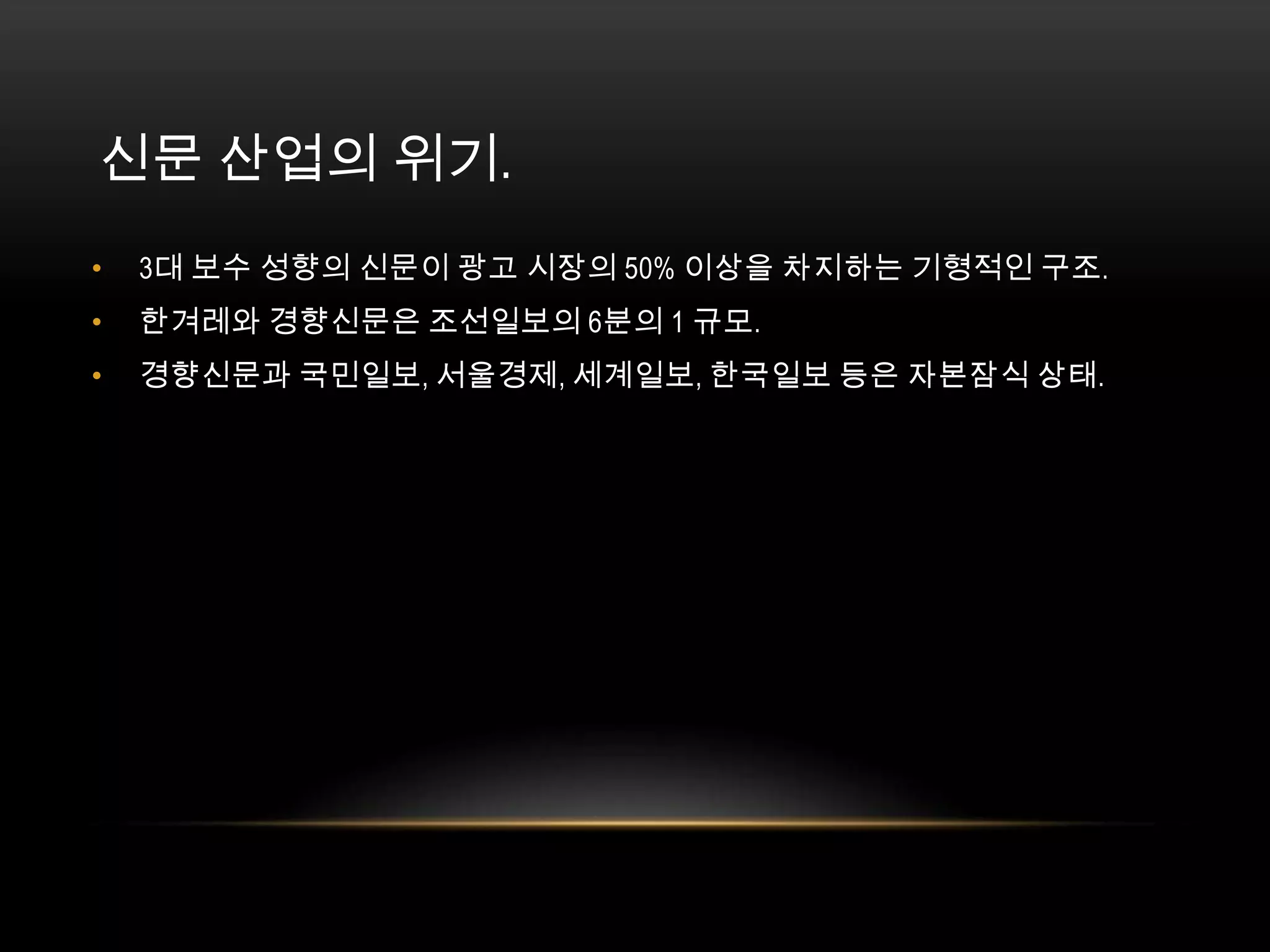 신문 산업의 위기. 3대 보수 성향의 신문이 광고 시장의 50% 이상을 차지하는 기형적인 구조. 한겨레와 경향신문은 조선일보의 6분의 1 규모. 경향신문과 국민일보, 서울경제, 세계일보, 한국일보 등은 자본잠식 상태. 
