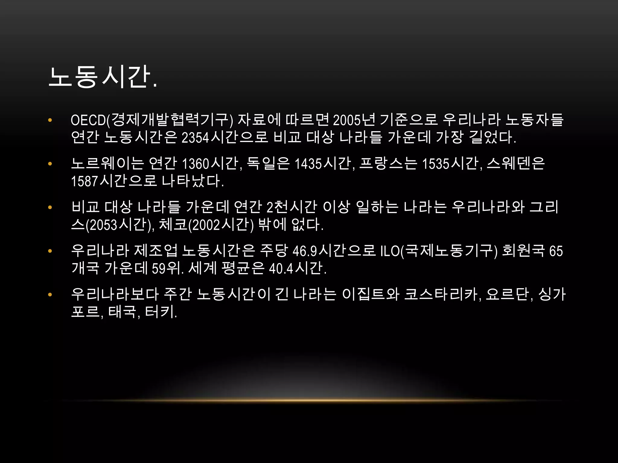 노동시간. OECD(경제개발협력기구) 자료에 따르면 2005년 기준으로 우리나라 노동자들 연간 노동시간은 2354시간으로 비교 대상 나라들 가운데 가장 길었다. 노르웨이는 연간 1360시간, 독일은 1435시간, 프랑스는 1535시간, 스웨덴은 1587시간으로 나타났다. 비교 대상 나라들 가운데 연간 2천시간 이상 일하는 나라는 우리나라와 그리스(2053시간), 체코(2002시간) 밖에 없다.우리나라 제조업 노동시간은 주당 46.9시간으로 ILO(국제노동기구) 회원국 65개국 가운데 59위. 세계 평균은 40.4시간. 우리나라보다 주간 노동시간이 긴 나라는 이집트와 코스타리카, 요르단, 싱가포르, 태국, 터키. 