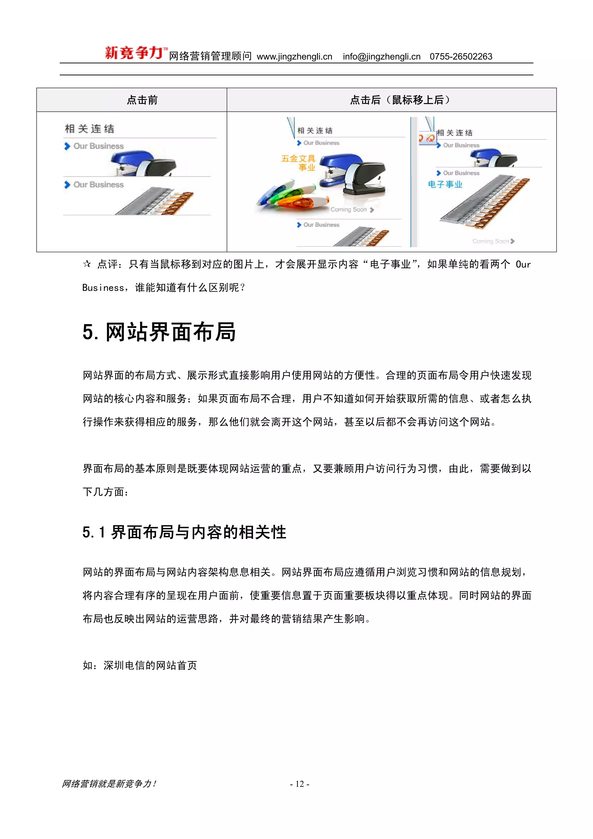 网络营销管理顾问 www.jingzhengli.cn   info@jingzhengli.cn   0755-26502263



       点击前                                   点击后（鼠标移上后）




   点评：只有当鼠标移到对应的图片上，才会展开显示内容“电子事业”，如果单纯的看两个 Our

  Business，谁能知道有什么区别呢？



  5.网站界面布局
  网站界面的布局方式、展示形式直接影响用户使用网站的方便性。合理的页面布局令用户快速发现

  网站的核心内容和服务；如果页面布局不合理，用户不知道如何开始获取所需的信息、或者怎么执

  行操作来获得相应的服务，那么他们就会离开这个网站，甚至以后都不会再访问这个网站。



  界面布局的基本原则是既要体现网站运营的重点，又要兼顾用户访问行为习惯，由此，需要做到以

  下几方面：



  5.1 界面布局与内容的相关性

  网站的界面布局与网站内容架构息息相关。网站界面布局应遵循用户浏览习惯和网站的信息规划，

  将内容合理有序的呈现在用户面前，使重要信息置于页面重要板块得以重点体现。同时网站的界面

  布局也反映出网站的运营思路，并对最终的营销结果产生影响。



  如：深圳电信的网站首页




网络营销就是新竞争力！                      - 12 -
 