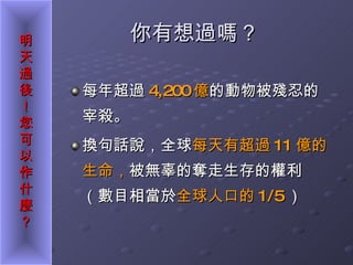 你有想過嗎？ 每年超過 4,200 億 的動物被殘忍的宰殺。 換句話說，全球 每天有超過 11 億的生命， 被無辜的奪走生存的權利（數目相當於 全球人口的 1/5 ） 