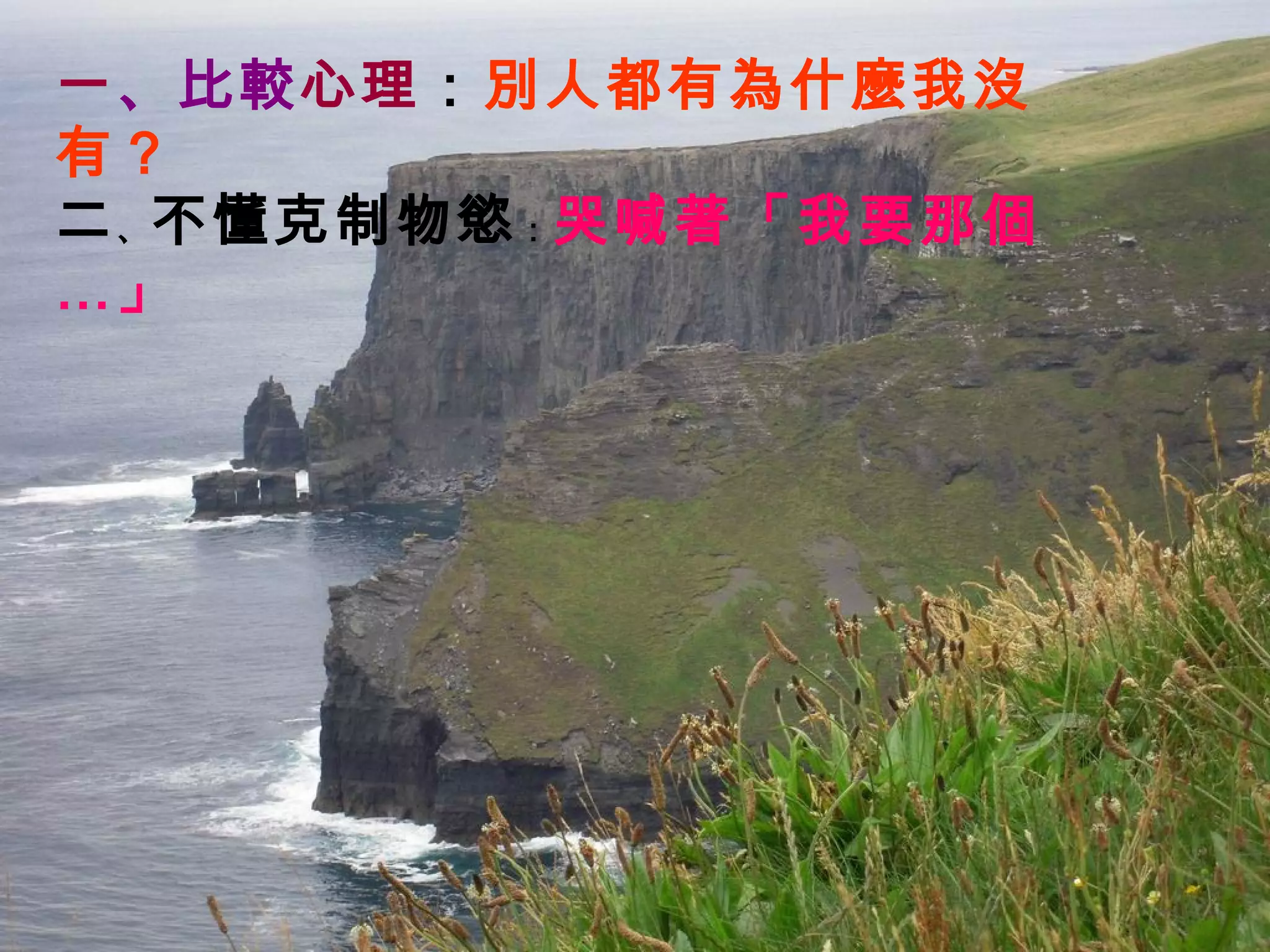 一 、 比較 心理 ： 別人都有為什麼我沒有？ 二 、 不懂克制物慾 ： 哭喊著「我要那個…」 