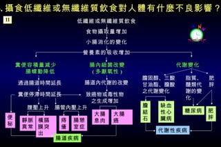6. 攝食低纖維或無纖維質飲食對人體有什麼不良影響？ 11 低纖維或無纖維質飲食   食物攝取量增加   小腸消化的變化   營養素的吸收增加 糞便容積量減少 腸蠕動降低 腸內細菌改變 ( 多厭氧性 ) 代謝變化 通過腸道時間延長 糞便停滯時間延長 腸道內代謝的改變 致癌物或毒性物 之生成增加 膽固醇、三酸 甘油酯、膽酸  之代謝變化 脂質、 醣類代 謝的變 化 肥 胖 腹壓上升  腸管內壓上升 便 秘 靜脈 異常 橫膈膜突出 痔 瘡 腸憩 室症 大腸 息肉 大腸癌 膽 結 石 缺血 性心 臟病 糖尿病 肥 胖 腸道疾病 代謝性疾病 