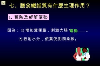 1.  預防及紓解便秘 七、膳食纖維質有什麼生理作用？ 因為： 1) 增加糞便量，刺激大腸 8   。 2) 吸附水分，使糞便膨潤柔軟。 蠕動 12 