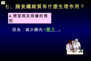 4. 憩室病及痔瘡的預防  七、膳食纖維質有什麼生理作用？ 因為：減少腸內 14   。 壓力 17 