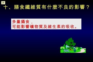 多量攝食， 可能影響礦物質及維生素的吸收。   十、膳食纖維質有什麼不良的影響？ 25 