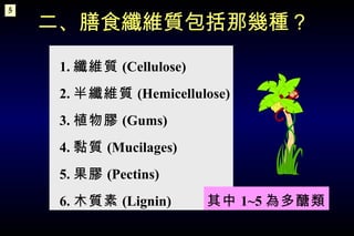 1. 纖維質 (Cellulose) 2. 半纖維質 (Hemicellulose) 3. 植物膠 (Gums) 4. 黏質 (Mucilages) 5. 果膠 (Pectins) 6. 木質素 (Lignin)  二、膳食纖維質包括那幾種？ 其中 1~5 為多醣類 5 