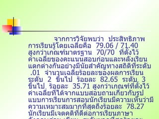 จากการวิจัยพบว่า  ประสิทธิภาพการเรียนรู้โดยเฉลี่ยคือ  79.06 / 71.40  สูงกว่าเกณฑ์มาตรฐาน  70/70  ที่ตั้งไว้  ค่าเฉลี่ยของคะแนนสอบก่อนและหลังเรียนแตกต่างกันอย่างมีนัยสำคัญทางสถิติที่ระดับ  .01  จำนวนเฉลี่ยร้อยละของผลการเรียนระดับ  2  ขึ้นไป  ร้อยละ  82.65  ระดับ  3  ขึ้นไป  ร้อยละ  35.71  สูงกว่าเกณฑ์ที่ตั้งไว้  ค่าเฉลี่ยที่ได้จากแบบสอบถามเกี่ยวกับรูปแบบการเรียนการสอนนักเรียนมีความเห็นว่ามีความเหมาะสมมากที่สุดถึงร้อยละ  78.27  นักเรียนมีเจตคติที่ดีต่อการเรียนภาษาอังกฤษอ่าน เขียน  ระดับมากที่สุดร้อยละ  71.00  จึงนำรูปแบบที่ได้จากการวิจัยเผยแพร่ในการเป็นวิทยากรทุกแห่ง  