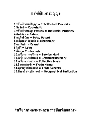 ทรัพย์สินทางปั ญญา

1.ทรัพย์สินทางปั ญญา = Intellectual Property
2.ลิขสิทธิ ์ = Copyright
3.ทรัพย์สินทางอุตสาหกรรม = Industrial Property
4.สิทธิบัตร = Patent
5.อนุสิทธิบัตร = Petty Patent
6.เคร่ ืองหมายการค้า = Trademark
7.ตราสินค้า = Brand
8.โลโก้ = Logo
9.ย่ีห้อ = Trademark
10.เคร่ องหมายบริการ = Service Mark
         ื
11.เคร่ องหมายรับรอง = Certification Mark
           ื
12.เคร่ องหมายร่วม = Collective Mark
             ื
13.ช่ อทางการค้า = Trade Name
      ื
14.ความลับทางการค้า = Trade Secrets
15.ส่ิงบ่งชีทางภูมิศาสตร์ = Geographical Indication
               ้




คำาเรียกตามพจนานุกรม ราชบัณฑิตยสถาน
 
