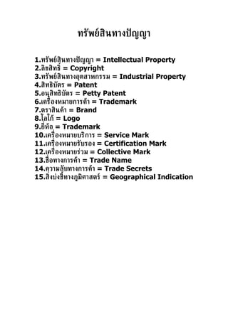 ทรัพย์สินทางปั ญญา

1.ทรัพย์สินทางปั ญญา = Intellectual Property
2.ลิขสิทธิ ์ = Copyright
3.ทรัพย์สินทางอุตสาหกรรม = Industrial Property
4.สิทธิบัตร = Patent
5.อนุสิทธิบัตร = Petty Patent
6.เคร่ ืองหมายการค้า = Trademark
7.ตราสินค้า = Brand
8.โลโก้ = Logo
9.ย่ีห้อ = Trademark
10.เคร่ องหมายบริการ = Service Mark
         ื
11.เคร่ องหมายรับรอง = Certification Mark
           ื
12.เคร่ องหมายร่วม = Collective Mark
             ื
13.ช่ อทางการค้า = Trade Name
      ื
14.ความลับทางการค้า = Trade Secrets
15.ส่ิงบ่งชีทางภูมิศาสตร์ = Geographical Indication
               ้
 
