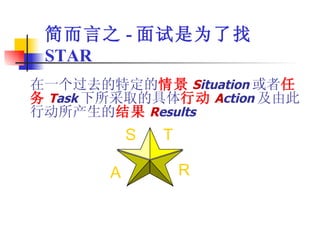 在一个过去的特定的 情景 S ituation 或者 任务 T ask 下所采取的具体 行动 A ction 及由此行动所产生的 结果 R esults 简而言之 - 面试是为了找 STAR S T A R 