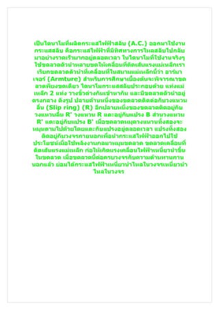 เป็นไดนาโมที่ผลิตกระแสไฟฟ้าสลับ (A.C.) ออกมาใช้งาน
 กระแสสลับ คือกระแสไฟฟ้าที่มีทิศทางการไหลสลับไปกลับ
 มาอย่างรวดเร็วมากอยู่ตลอดเวลา ในไดนาโมที่ใช้งานจริงๆ
 ใช้ขดลวดตัวนำาหลายขดให้เคลื่อนที่ตัดเส้นแรงแม่เหล็กเรา
   เรียกขดลวดตัวนำาที่เคลื่อนที่ในสนามแม่เหล็กนี้ว่า อาร์มา
เจอร์ (Armture) สำาหรับการศึกษาเบื้องต้นจะพิจารณาขด
  ลวดพียงขดเดียว ไดนาโมกระแสสลับประกอบด้วย แท่งแม่
เหล็ก 2 แท่ง วางขั้วต่างกันเข้าหากัน และมีขดลวดตัวนำาอยู่
ตรงกลาง ดังรูป ปลายด้านหนึ่งของขดลวดติดต่อกับวงแหวน
  ลื่น (Slip ring) (R) อีกปลายหนึ่งของขดลวดติดอยู่กับ
 วงแหวนลืน R' วงแหวน R แตะอยู่กับแปรง B ส่วนวงแหวน
             ่
  R' แตะอยู่กับแปรง B' เมื่อขดลวดหมุดวงแหวนทั้งสองจะ
หมุนตามไปด้วยโดยแตะกับแปรงอยู่ตลอดเวลา แปรงทั้งสอง
     ติดอยู่กับวงจรภายนอกเพื่อนำากระแสไฟฟ้าออกไปใช้
ประโยชน์เมื่อใช้พลังงานกลมาหมุนขดลวด ขดลวดเคลื่อนที่
ตัดเส้นแรงแม่เหล็ก ก่อให้เกิดแรงเคลื่อนไฟฟ้าเหนี่ยวนำาขึน  ้
  ในขดลวด เมื่อขดลวดนี้ต่อครบวงจรกับความต้านทานภาน
นอกแล้ว ย่อมได้กระแสไฟฟ้าเหนี่ยวนำาไหลในวงจรเหนี่ยวนำา
                        ไหลในวงจร
 