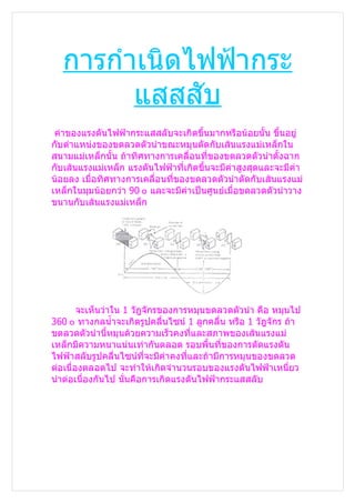 การกำาเนิดไฟฟ้ากระ
        แสสสับ
 ค่าของแรงดันไฟฟ้ากระแสสลับจะเกิดขึ้นมากหรือน้อยนั้น ขึ้นอยู่
กับตำาแหน่งของขดลวดตัวนำาขณะหมุนตัดกับเส้นแรงแม่เหล็กใน
สนามแม่เหล็กนั้น ถ้าทิศทางการเคลื่อนที่ของขดลวดตัวนำาตั้งฉาก
กับเส้นแรงแม่เหล็ก แรงดันไฟฟ้าที่เกิดขึ้นจะมีค่าสูงสุดและจะมีค่า
น้อยลง เมื่อทิศทางการเคลื่อนที่ของขดลวดตัวนำาตัดกับเส้นแรงแม่
เหล็กในมุมน้อยกว่า 90 ๐ และจะมีค่าเป็นศูนย์เมื่อขดลวดตัวนำาวาง
ขนานกับเส้นแรงแม่เหล็ก




        จะเห็นว่าใน 1 วัฎจักรของการหมุนขดลวดตัวนำา คือ หมุนไป
360 ๐ ทางกลนำ้าจะเกิดรูปคลื่นไซน์ 1 ลูกคลื่น หรือ 1 วัฎจักร ถ้า
ขดลวดตัวนำานี้หมุนด้วยความเร็วคงที่และสภาพของเส้นแรงแม่
เหล็กมีความหนาแน่นเท่ากันตลอด รอบพื้นที่ของการตัดแรงดัน
ไฟฟ้าสลับรูปคลื่นไซน์ที่จะมีค่าคงทีและถ้ามีการหมุนของขดลวด
                                   ่
ต่อเนื่องตลอดไป จะทำาให้เกิดจำานวนรอบของแรงดันไฟฟ้าเหนี่ยว
นำาต่อเนื่องกันไป นั่นคือการเกิดแรงดันไฟฟ้ากระแสสลับ
 