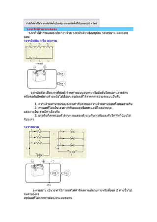 วงจรไฟฟ้ากระแสตรง
   วงจรไฟฟ้ำกระแสตรงประกอบด้วย วงจรอันดับหรืออนุกรม วงจรขนำน และวงจร
ผสม
วงจรอันดับ หรือ อนุกรม




      วงจรอันดับ เป็นวงจรที่ต่อตัวต้ำนทำนแบบอนุกรมหรืออันดับโดยเอำปลำยด้ำน
หนึ่งต่อกับอีกปลำยด้ำนหนึ่งไปเรื่อยๆ สรุปผลที่ได้จำกกำรต่อวงจรแบบอันดับ

        1. ควำมต้ำนทำนรวมของวงจรเท่ำกับค่ำของควำมต้ำนทำนย่อยทั้งหมดรวมกัน
        2. กระแสที่ไหลในวงจรเท่ำกันตลอดหรือกระแสที่ไหลผ่ำนจุด
แต่ละจุดในวงจรมีค่ำเดียวกัน
        3. แรงดันที่ตกคร่อมตัวต้ำนทำนแต่ละตัวรวมกันเท่ำกับแรงดันไฟฟ้ำที่ป้อนให้
กับวงจร

วงจรขนาน




      วงจรขนำน เป็นวงจรทีมีกระแสไฟฟ้ำไหลผ่ำนปลำยทำงหรือตั้งแต่ 2 ทำงขึ้นไป
                          ่
จนครบวงจร
สรุปผลที่ได้จำกกำรต่อวงจรแบบขนำน
 