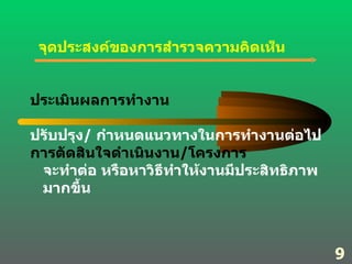 จุดประสงค์ของการสำรวจความคิดเห็น ประเมินผลการทำงาน ปรับปรุง /  กำหนดแนวทางในการทำงานต่อไป การตัดสินใจดำเนินงาน / โครงการ จะทำต่อ หรือหาวิธีทำให้งานมีประสิทธิภาพ มากขึ้น 9 