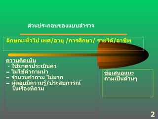 ลักษณะทั่วไป เพศ / อายุ  / การศึกษา /  รายได้ / อาชีพ ส่วนประกอบของแบบสำรวจ  ข้อเสนอแนะ ถามเป็นด้านๆ ความคิดเห็น     -  ใช้มาตรประเมินค่า ไม่ใช้คำถามนำ จำนวนคำถาม ไม่มาก ผู้ตอบมีความรู้ / ประสบการณ์ ในเรื่องที่ถาม 23 