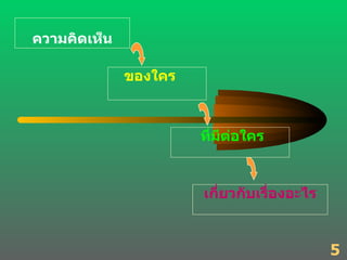 ความคิดเห็น ของใคร ที่มีต่อใคร 5 เกี่ยวกับเรื่องอะไร 