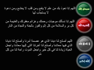 اللهم إنا نعوذ بك من علم لا ينفع ومن قلب لا يخشع ومن دعوة لا يستجاب لها  اللهم إنا نسألك موجبات رحمتك وعزائم مغفرتك والغنيمة من كل بر والسلامة من كل إثم والفوز بالجنة والنجاة من النار  اللهم أصلح لنا ديننا الذي هو عصمة أمرنا وأصلح لنا دنيانا الذي فيها معاشنا وأصلح لنا آخرتنا التي إليها معادنا واجعل الحياة زيادة لنا في كل خير واجعل الموت راحة لنا من كل شر  