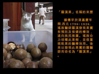 「羅漢果」名稱的來歷   據傳早於清嘉慶年間﹝西元 1796-1826﹞ 瑤族醫師羅漢發現果實有預防及保健的療效，遂向族民推廣。瑤族合力培種此果樹，並很重視乾果的醫療效用。後來以發現此果實的羅醫師而命名為『羅漢果』。 