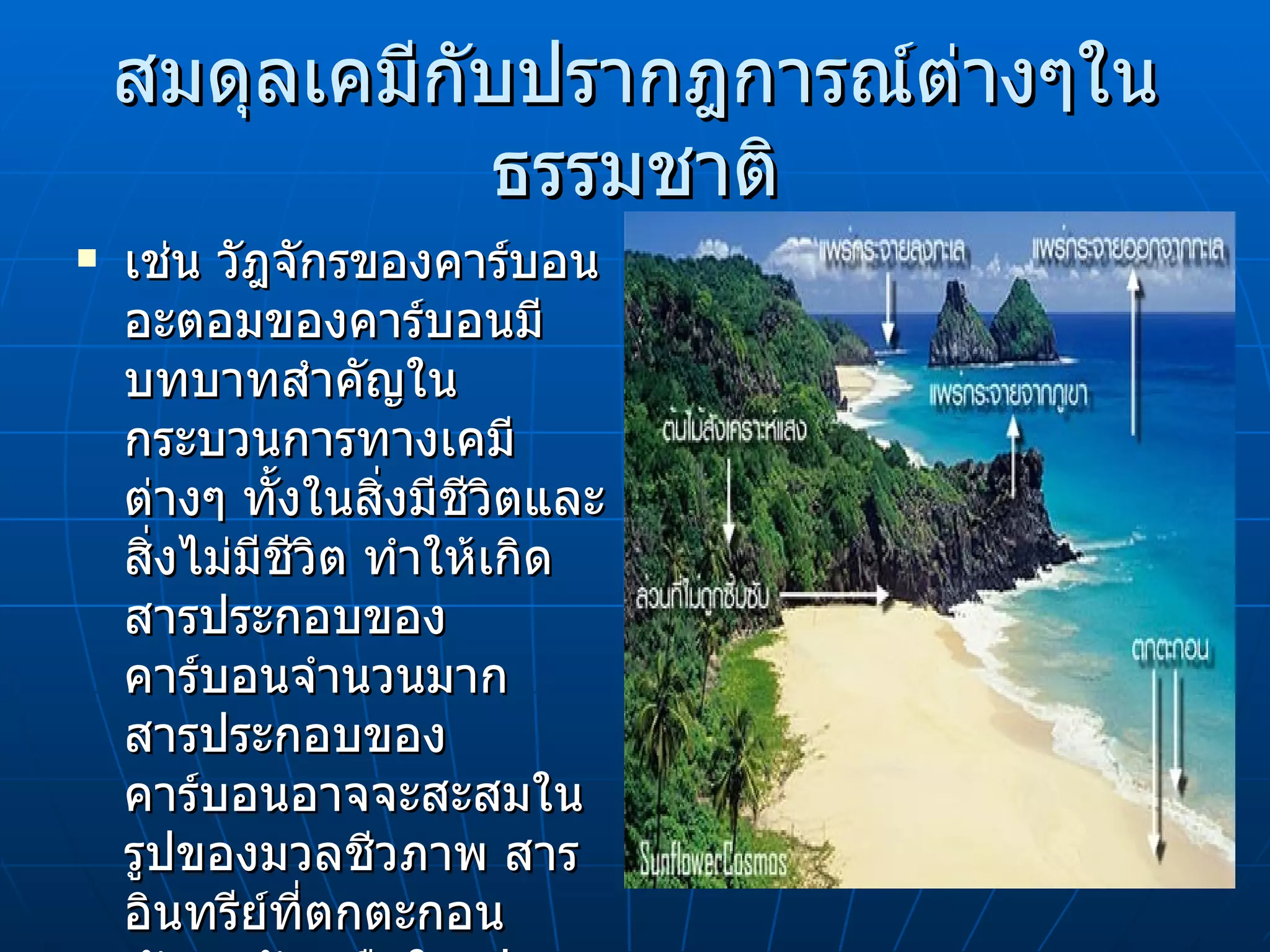 สมดุลเคมีกับปรากฎการณ์ต่างๆในธรรมชาติ เช่น วัฎจักรของคาร์บอน อะตอมของคาร์บอนมีบทบาทสำคัญในกระบวนการทางเคมีต่างๆ ทั้งในสิ่งมีชีวิตและสิ่งไม่มีชีวิต ทำให้เกิดสารประกอบของคาร์บอนจำนวนมาก สารประกอบของคาร์บอนอาจจะสะสมในรูปของมวลชีวภาพ สารอินทรีย์ที่ตกตะกอนทับถมกัน หรือในรูปของคาร์บอเนตในหินปูนในเปลือกหอยและปะการัง 