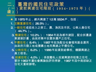 二、臺灣的國民住宅政策 （一）貸款興建住宅階段（ 1954-1975 年）（續 2 ） 至 1975 年止，總共興建了 12 萬 5534 戶，包括： 1. 災難重建住宅 （ 26.5% ） 。 2. 一般住宅 或低收入之勞工、農、漁民及市民、公教人員住宅（ 44.7% ）。 3. 整建住宅 （ 10.2% ）： 1964 年起為都市建設，配合拆遷違章建築計畫，由政府集中安置拆遷戶之住宅。 4. 平價住宅 （ 8.4% ）： 1967 年起為配合社會福利基金運用，由政府只撥工地或價購土地而興建之平價住宅。 5. 公教住宅 （ 6.2% ）： 1966 年起貸款給學校、機關興建之員工宿舍。 6. 投資住宅 （ 4.0% ）：係鼓勵私人投資興建 供 租 售 之住宅，曾於 1963 年遭社會輿論批評而停辦， 1967 年因中南部缺乏住宅又重新辦理。 