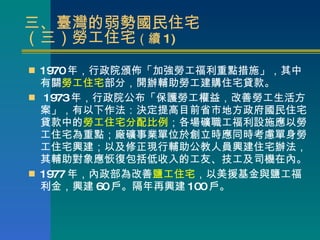 三、臺灣的弱勢國民住宅  （三）勞工住宅 （續 1) 1970 年，行政院頒佈「加強勞工福利重點措施」，其中有關 勞工住宅 部分，開辦輔助勞工建 購 住宅貸款。 1973 年，行政院公布「保護勞工權益，改善勞工生活方案」，有以下作法：決定提高目前省市地方政府國民住宅貸款中的 勞工住宅分配比例 ；各場礦職工福利設施應以勞工住宅為重點；廠礦事業單位於創立時應同時考慮單身勞工住宅興建；以及修正現行輔助公教人員興建住宅辦法，其輔助對象應恢復包括低收入的工友、技工及司機在內。 1977 年，內政部為改善 鹽工住宅 ，以美援基金與鹽工福利金，興建 60 戶。隔年再興建 100 戶。 