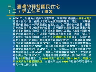 三、臺灣的弱勢國民住宅  （三）勞工住宅 （續 3) 1994 年，為解決全國勞工住宅問題，李登輝前總統提出 每坪 6 萬元 的勞工住宅口號 。 但是以當時的地價與建築費用，可建二、三層樓房屋的建築成本一坪絕對超出 6 萬以上 。 為了配合此一政策， 臺灣 的土地政策亦隨之做適度的放鬆，凡不屬特定農業區都市計畫內農地或重劃農地以外地區，可用低等則農地 5 公頃以上專案申請核准變更地目興建勞宅 。 由於申辦手續繁複且無利可圖，因此，勞工住宅集中在中南東部興建，其中又以 台糖釋出的土地 為最，包括台糖與太子建設在台南新市鄉所建的永新勞宅 870 戶、台糖與福興育樂公司在花蓮壽豐鄉所建的 500 戶、台糖與台鳳公司合作的雲林縣斗六溝子壩農場勞宅 600 戶、彰化鹿港鎮富麗大鎮 608 戶、屏東麟洛鄉隘寮溪農場勞宅社區 400 戶。此外，尚有私人土地核准興建之宜蘭五結鄉清水大鎮 484 戶、嘉義太保市嘉義花園 615 戶、花蓮吉安鄉永興全民花園 280 戶、台南佳里鎮家安開喜城社區 599 戶等，總計有 23 案 通過審查，於 1999 年完工者只有 7 案 4198 戶，距離 5 年 5 萬戶的目標差距很遠 。台糖公司也於 1998 年即宣布不再插手 6 萬元一坪之勞工住宅 