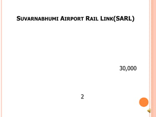 รถไฟฟ้าเชื่อมท่าอากาศยานสุวรรณภูมิSuvarnabhumi Airport Rail Link(SARL)โครงการ รถไฟฟ้าเชื่อมท่าอากาศยานสุวรรณภูมิ หรือ แอร์พอร์ตเรลลิงก์ หรือ แอร์พอร์ตลิงก์ เป็นโครงการก่อสร้างรถไฟฟ้าขนส่งมวลชนระบบพิเศษ สำหรับอำนวยความสะดวกแก่ผู้โดยสาร ที่จะมาใช้บริการท่าอากาศยานสุวรรณภูมิให้สามารถเดินทางได้ในเวลาอันรวดเร็วและเชื่อถือได้ คณะรัฐมนตรีได้มีมติอนุมัติให้การรถไฟแห่งประเทศไทยดำเนินการก่อสร้าง โครงการระบบขนส่งทางรถไฟเชื่อมท่าอากาศยานสุวรรณภูมิ และสถานีรับส่งผู้โดยสารอากาศยานในเมืองในวงเงินรวม 30,000 ล้านบาท		และในบางส่วน คงจะเชื่อกันว่าทางภาครัฐ จะให้มีการเชื่อมต่อการบริการไปจนถึง สถานีรถไฟดอนเมืองเพื่อเชื่อมต่อระหว่างผู้โดยสารที่จะต้องการใช้บริการอากาศยานของท่าอากาศยานในเมืองทั้ง 2 แห่ง ระหว่าง ท่าอากาศยานดอนเมืองและ ท่าอากาศยานสุวรรณภูมิเข้าด้วยกันอีกด้วย ภายในเวลาอนาคต (ทั้งนี้ขึ้นอยู่กับการพิจารณาความสามารถในการใช้ประโยชน์การบินเชิงพาณิชย์ของท่าอากาศยานดอนเมืองด้วย) 		สำหรับยอดผู้ใช้บริการรถไฟฟ้าแอร์พอร์ตลิงค์เต็มรูปแบบวันแรกเมื่อวันที่ 23 สิงหาคม พ.ศ. 2553 มีผู้โดยสารใช้บริการในระบบซิตี้ไลน์26,149 คน จากเป้าที่ตั้งไว้ 15,000 คน ส่วนรถด่วนมีผู้ใช้บริการ 633 คน ทั้งนี้คาดว่าสิ้นปีนี้จะมีผู้ใช้บริการประมาณ 5-7 หมื่นคน 