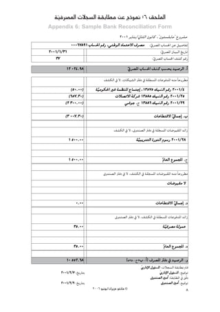 á«aô°üŸG äÓé°ùdG á≤HÉ£e øY êPƒ‰ :6 ≥ë∏ŸG
   q
Appendix 6: Sample Bank Reconciliation Form
                                        2001 ôjÉæj/ÊÉãdG ¿ƒfÉc ,''¿ƒà°ù∏jÉe'' ´hô°ûe
             00067891 ÜÉ°ù◊G ºbQ ,»æWƒdG OÉªàY’G ±ô°üe :q‘ô°üŸG ÜÉ°ù◊G øY π«°UÉØJ
                          ◊          ƒ Y ô e
2001/1/31
 0 //                                                                       :‘ô°üŸG ¿É«ÑdG ïjQÉJ
                                                                             q
   37                                                                 :q‘ô°üŸG ÜÉ°ù◊G ∞°ûc ºbQ
         12 024.98
               .                                      q‘ô°üŸG ÜÉ°ù◊G ∞°ûc Ö°ùëH ~«°UôdG .CG
                                                                  ◊ c ë
                                  ∞°ûμdG ‘ ’ ,äÉμ«°ûdG ÎaO ‘ á∏é°ùŸG äÉYƒa~ŸG ¬æe kÉMhô£e
                                                               q
            (50.00)
               0            áq«eƒμ◊G ÒZ áª¶æŸG ´ÉªàLGE ,13575 ∂«°ûddG ºbQ 2001/4
                                                   L            «          0 /
           (657.30)
                .0                     ä’É°üJ’G ácô°T 13585 ∂«°ûddG ºbQ 2001/25
                                                  ô           «           0 /
         (2 300.00)
             0                              »°TƒL .ê 13586 ∂«°ûddG ºbQ 2001/29
                                                ƒ             «           0 /
         (3 007.30)
               .0                                                       äÉYÉ£àb’G q‹ÉªLEG .Ü

                                         ∞°ûμdG ‘ ’ ,¥h~æ°üdG ÎaO ‘ á∏é°ùŸG äÉ°VƒÑ≤ŸG ~FGR
                                                                      q
            1 500.00
               0                                           áq«ÑjQ~àdG IQh~dG Ωƒ°SQ 2001/28
                                                                                    0 /

            1 500.00
               0                                                              ΩÉ©dG ´ƒªÛG .ê
                                                                              q
                                 ¥h~æ°üdG ÎaO ‘ ’ ,∞°ûμdG ‘ á∏é°ùŸG äÉ°VƒÑ≤ŸG ¬æe kÉMhô£e
                                                              q
                                                                                  äÉ°VƒÑ≤e ’
                                                                                      ƒ≤

               0.00                                                      äÉYÉ£àb’G ‹ÉªLEG .O
                                                                                   q
                                          ¥h~æ°üdG ÎaO ‘ ’ ,∞°ûμdG ‘ á∏qé°ùŸG äÉYƒa~ŸG ~FGR
              35.00
                .                                                             áq«aô°üe ádƒªY
                                                                                     e ƒY

              35.00
                .                                                              qΩÉ©dG ´ƒªÛG .√
         10 552.68
          0 .                                     ]√+O-ê+Ü-GC [ ±ô°üŸG ÎaO ‘ ~«°UôdG .h
                                                        +
                                                              …QGOE’G ∫hƒ°ùŸG :äÓé°ùdG á≤HÉ£Ã ΩÉb
                                                              q        hD Ÿ
      2001/2/7 :ïjQÉàH
       0                                                                     …QGOE’G ∫hƒ°ùŸG :™«bƒJ
                                                                             q        hD Ÿ
                                                                      ¥h~æ°üdG ÚeCG :á≤HÉ£ŸG ‘ ≥qbO
                                                                       h ü
      2001/2/9 :ïjQÉàH
       0                                                                       ¥h~æ°üdG ÚeCG :™«bƒJ
                                                                                h ü
                          2006 ƒ«fƒj/¿GôjõM ƒ¨fÉe ©                                              8
 