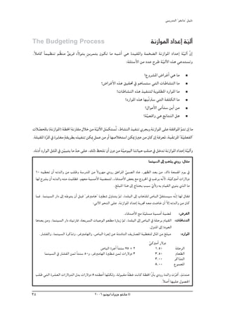 »ÑjQ~àdG ' ƒ¨fÉe'' π«dO



The Budgeting Process                                                                  áfRGƒŸG OG~YEG á«dBG
                                                                                                       q
.kÓeÉc kÉª«¶æJ º q¶æe l≥jôa √q’ƒàj m øjôªàH ¿ƒμJ Ée ¬Ñ°TCG »g I~«ØŸGh áªî° dG áfRGƒŸG OG~YEG áq«dBG ¿GE
                                                                                                    q
                                                            :á∏Ä°SC’G øe O~Y ìôW á«dB’G √òg »Y~à°ùJh
                                                                                  q
                                                                              ?´hô°ûŸG ¢VGôZCG »g Ée
                                                  ?¢VGôZC’G √òg ≥«≤– ‘ ºgÉ°ùà°S »àdG äÉWÉ°ûædG Ée
                                                            ?äÉWÉ°ûædG √òg ò«Øæàd áHƒ∏£ŸG OQGƒŸG Ée
                                                                 ?OQGƒŸG √òg É¡ÑqJÎ°S »àdG áØ∏μdG Ée
                                                                               ?∫GƒeC’G »JCÉà°S øjCG øe
                                                                             ?áq«©bGh »g èFÉàædG πg
äÓ°üÙÉH (áfRGƒŸG) á£ÿG áfQÉ≤e ∫ÓN øe á«dB’G πªμà°ùoJ ,•É°ûædG ò«ØæJ …ôéjh áfRGƒŸG ≈∏Y á≤aGƒŸG qºàJ ¿EG Ée
    q                                      q n
.á∏Ñ≤ŸG IôŸG ‘ IôjÉ¨e
         q            má≤jô£H √ò«ØæJ øμÁm πªY øe hCG É¡°UÓîà°SG øμÁ mIÈY øe ¿Éc ¿EG áaô©Ÿ ,áÑn≤JôŸG ' á«∏©ØdG''
                                                                                                       q
.√ÉfOCG OQGƒdG πãŸG ‘ ø«Ñàj Ée ~M ≈∏Y ,∂dP ßë∏f ¿CG ¿hO øe á«eƒ«dG ÉæJÉ«M Ö∏°U ‘ πN~J áfRGƒŸG OG~YEG á«dBGh
                       q       q                            q                                         q
                                                                                     Éªæ«°ùddG ¤EG Ögòj …OhQ :∫Éãe
  10 ¬«£©J ¿CG ¬J~dGh øe Ö∏Wh á°SQ~ŸG øe k’hô¡e …OhQ ≥gGôŸG »Ñ°üdG OÉY ,ô¡¶dG ~©H øe ,∑GP á©ª÷G Ωƒj ‘
                                                                  q
  É¡d ìô°ûj ¿CG ¬J~dGh ¬æe âÑ∏£a .º¡©e á«°ùeC’G á«° ªàd ,AÉb~°UC’G ¢ ©H ™e êhôÿG ‘ ÖZôj ¬qf’ ,áq«cÒeCG äGQ’hO
                                                                                           C
                                                         .≠∏ÑŸG Gòg ¤EG êÉàëj ÖÑ°S …’h ¬H ΩÉ«≤dG …ƒæj …òdG Ée
                                                                                   qC
  Éªa .Éªæ«°ùdG QGO ¤EG ¬Lƒàj ¿CG πÑb ' ôZÈeÉg'' IÒ£°T ∫hÉæàj qºK ,I~∏ÑdG ¤EG ÜÉgò∏d ¢UÉÑdG qπ≤à°ù«°S ¬qfGE É¡d ∫É≤a
                         q
                                           :»JB’G ƒëædG ≈∏Y ,áfRGƒŸG OG~YEG áHôŒ ¬©e â°VÉN ¿CG q’GE ¬J~dGh øe ¿Éc
                                                                   .AÉb~°UC’G ™e á«∏°ùe á«°ùeCG á«° “
                                                                                  q                        :¢Vô¨dG
  Ég~©H øeh ,Éªæ«°ùdG QGO OÉ«JQÉa ,á©jô°ùdG äÉÑLƒdG º©£e IQÉjR ºK ,I~∏ÑdG ¤EG ¢UÉÑdG ‘ á∏MôH ΩÉ«≤dG
                                                                 q                                       :äÉWÉ°ûædG
                                                                                                                æ
                                                                                     .∫õæŸG ¤EG IOƒ©dG
    .QÉ°ûØdGh ,Éªæ«°ùdG IôcòJh ,ôZÈeÉ¡dGh ,¢UÉÑdG IôLEG øY áÄ°TÉædG ∞jQÉ°üŸG á«£¨àd ∫ÉŸG øe ≠∏Ñe              :OQGƒŸG
                                                                                     »cÒeCG Q’hO
                                                                                     q
                                                ¢UÉÑdG IôLCG kÉàæ°S 75 * 2               1.50             á∏MôdG
        Éªæ«°ùdG ‘ QÉ°ûØdG øªK kÉàæ°S 50h ,ôZÈeÉ¡dG IÒ£°T øªK äGQ’hO 3                   3.50             ΩÉ©£dG
                                                                                         3.00            ôcGòàdG
                                                                                         8.00            ´ƒªÛG
                                                  q            q                                  q m
  Ö∏W »àdG Iô°û©dG äGQ’h~dG ∫~H äGQ’hO 8 ¬à£YCG É¡æμdh ,ádƒÑ≤e á£N âfÉc á£ÿG q¿ÉC H …OhQ I~dGh äôbCG ,òF~æY
                                                                                       .kÓ°UCG É¡«∏Y ∫ƒ°ü◊G

35                                           2006 ƒ«fƒj/¿GôjõM ƒ¨fÉe ©
 
