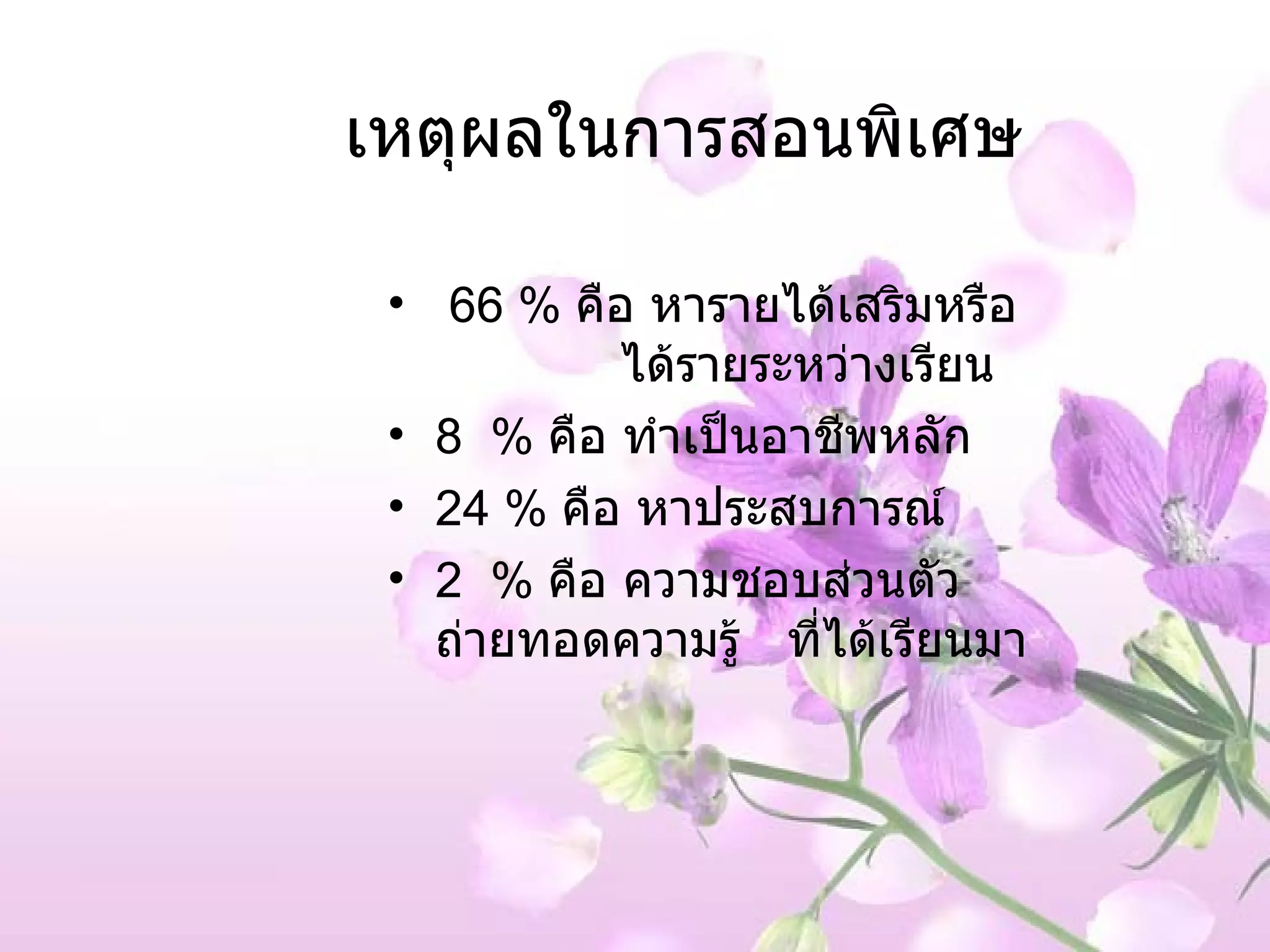เหตุผลในการสอนพิเศษ 66   %  คือ หารายได้เสริมหรือ  ได้รายระหว่างเรียน 8  %  คือ ทำเป็นอาชีพหลัก 24   %   คือ หาประสบการณ์ 2   %  คือ ความชอบส่วนตัวถ่ายทอดความรู้  ที่ได้เรียนมา 