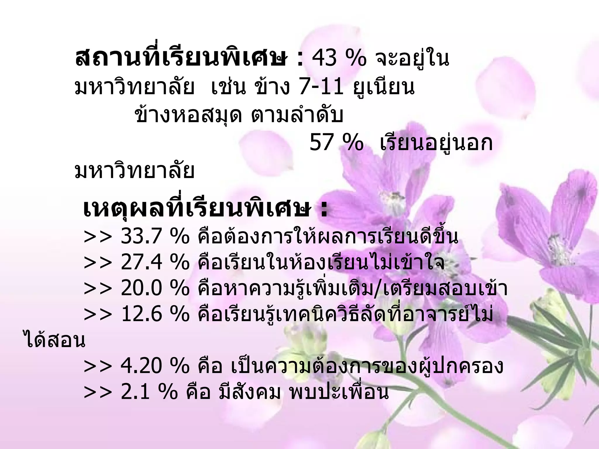 สถานที่เรียนพิเศษ  :   43 %  จะอยู่ในมหาวิทยาลัย  เช่น ข้าง  7-11   ยูเนียน  ข้างหอสมุด ตามลำดับ     57 %  เรียนอยู่นอกมหาวิทยาลัย เหตุผลที่เรียนพิเศษ  :   >> 33.7 %  คือต้องการให้ผลการเรียนดีขึ้น >> 27.4 %  คือเรียนในห้องเรียนไม่เข้าใจ >> 20.0 %  คือหาความรู้เพิ่มเติม / เตรียมสอบเข้า  >> 12.6 %  คือเรียนรู้เทคนิควิธีลัดที่อาจารย์ไม่ได้สอน >> 4.20 %  คือ เป็นความต้องการของผู้ปกครอง >> 2.1 %  คือ มีสังคม พบปะเพื่อน 