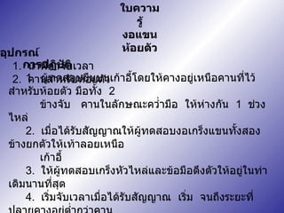 ใบความรู้ งอแขนห้อยตัว อุปกรณ์ 1.  นาฬิกาจับเวลา 2.  คานสำหรับห้อยตัว การปฏิบัติ 1.  ผู้ทดสอบยืนบนเก้าอี้โดยให้คางอยู่เหนือคานที่ไว้สำหรับห้อยตัว มือทั้ง  2  ข้างจับ  คานในลักษณะคว่ำมือ  ให้ห่างกัน  1  ช่วงไหล่ 2.  เมื่อได้รับสัญญาณให้ผู้ทดสอบงอเกร็งแขนทั้งสองข้างยกตัวให้เท้าลอยเหนือ  เก้าอี้ 3.  ให้ผู้ทดสอบเกร็งหัวไหล่และข้อมือดึงตัวให้อยู่ในท่าเดิมนานที่สุด 4.  เริ่มจับเวลาเมื่อได้รับสัญญาณ  เริ่ม  จนถึงระยะที่ปลายคางอยู่ต่ำกว่าคาน 5.  บันทึกเวลาที่ทำได้ 