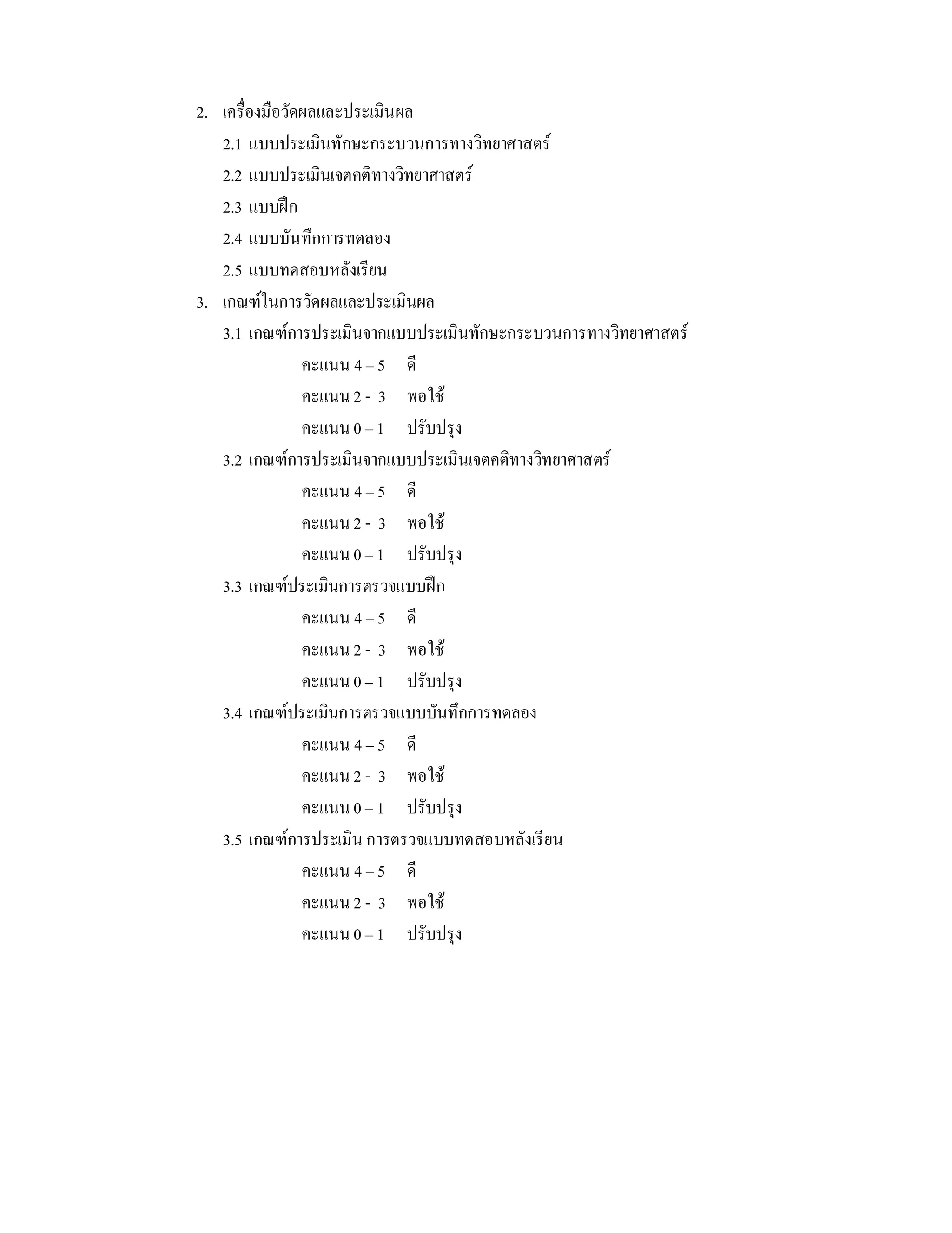 2. เครื่องมือวัดผลและประเมินผล
   2.1 แบบประเมินทักษะกระบวนการทางวิทยาศาสตร
   2.2 แบบประเมินเจตคติทางวิทยาศาสตร
   2.3 แบบฝก
   2.4 แบบบันทึกการทดลอง
   2.5 แบบทดสอบหลังเรียน
3. เกณฑในการวัดผลและประเมินผล
   3.1 เกณฑการประเมินจากแบบประเมินทักษะกระบวนการทางวิทยาศาสตร
                คะแนน 4 – 5 ดี
                คะแนน 2 - 3 พอใช
                คะแนน 0 – 1 ปรับปรุง
   3.2 เกณฑการประเมินจากแบบประเมินเจตคติทางวิทยาศาสตร
                คะแนน 4 – 5 ดี
                คะแนน 2 - 3 พอใช
                คะแนน 0 – 1 ปรับปรุง
   3.3 เกณฑประเมินการตรวจแบบฝก
                คะแนน 4 – 5 ดี
                คะแนน 2 - 3 พอใช
                คะแนน 0 – 1 ปรับปรุง
   3.4 เกณฑประเมินการตรวจแบบบันทึกการทดลอง
                คะแนน 4 – 5 ดี
                คะแนน 2 - 3 พอใช
                คะแนน 0 – 1 ปรับปรุง
   3.5 เกณฑการประเมิน การตรวจแบบทดสอบหลังเรียน
                คะแนน 4 – 5 ดี
                คะแนน 2 - 3 พอใช
                คะแนน 0 – 1 ปรับปรุง
 