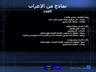 نماذج من الإعراب العدد وعَدَدُ الطالباتِ ثماني طالباتٍ ثماني  :  خبر مرفوع بضمة مقدرة على آخره  طالبات  :  مضاف إليه مجرور   بَدَّلْتُ بالدينارِ تَسْعَةَ دَرَاهم بدلت  :  فعل وفاعل  بالدينار  :  جار ومجرور تسعة  :  مفعول به منصوب علامته الفتحة وهو مضاف دراهم  :  مضاف إليه مجرور بالفتحة بدلا من الكسرة لأنه ممنوع من الصرف   بَدَّلْتُ بالدينارِ تِسْعَ روبياتٍ تسع  :  مفعول به منصوب علامته الفتحة ، وهو مضاف    روبيات  :  مضاف إليه مجرور فهرس نماذج من الإعراب 