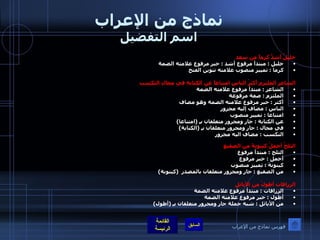 نماذج من الإعراب اسم التفضيل خليلٌ أشدُّ  كرماً من سعد  خليل  :  مبتدأ مرفوع أشد  :  خبر مرفوع علامته الضمة  كرما  :  تمييز منصوب علامته تنوين الفتح الشاعر الملتزم أكثرُ الناس امتناعاً عن الكتابةِ في مجالِ التكسبِ  الشاعر  :  مبتدأ مرفوع علامته الضمة  الملتزم  :  صفة مرفوعة  أكثر  :  خبر مرفوع علامته الضمة وهو مضاف الناس  :  مضاف إليه مجرور     امتناعا  :  تمييز منصوب  عن الكتابة  :  جار ومجرور متعلقان بـِ  ( امتناعا ) في مجال  :  جار ومجرور متعلقان بـِ  ( الكتابة ) التكسب  :  مضاف اليه مجرور   الثلجُ أجملُ كينونةً من الصقيع   الثلج  :  مبتدأ مرفوع  أجمل  :  خبر مرفوع  كينونة  :  تمييز منصوب  من الصقيع  :  جار ومجرور متعلقان بالمصدر   ( كينونة ) الزرافات أطولُ من الأيائل  الزرافات  :  مبتدأ مرفوع علامته الضمة  أطول  :  خبر مرفوع علامته الضمة  من الأيائل  :  شبه جملة جار ومجرور متعلقان بـِ  ( أطول ) فهرس نماذج من الإعراب 