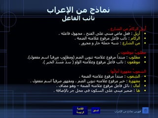 نماذج من الإعراب نائب الفاعل أُزيلَ الركامُ من الشارعِ  . أزيل   :  فعل ماضٍ مبني على الفتح ، مجهول فاعله  . الركام   :  نائب فاعل مرفوع علامته الضمة  . من الشارع   :  شبه جملة جار و مجرور  .   مطلوبٌ موظفون   . مطلوب   :  مبتدأ مرفوع علامته تنوين الضم  ( ومطلوب صرفياً اسم مفعول ). موظفون   :  نائب فاعل مرفوع وعلامته الواو  (  سدَّ مَسَدَّ الخبرِ  ).   الشعوبُ مقهورة آمالُها  . الشعوب   :  مبتدأ مرفوع علامته الضمة  . مقهورة   :  خبر مرفوع علامته تنوين الضم ، ومقهور صرفياً اسم مفعول  . آمال   :  نائل فاعل مرفوع علامته الضمة – وهو مضاف  . ها   :  ضمير مبني على السكون في محل جر بالإضافة  .   فهرس نماذج من الإعراب 