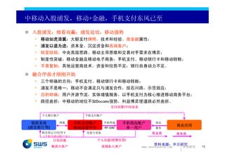 中移动入股浦发，移动+金融，手机支付东风已至

 入股浦发：细看双赢：浦发迫切，移动强势
  • 移动如虎添翼：大额支付牌照，技术和经验、类金融属性；
  • 浦发以退为进：资本金、沉淀资金和高端客户；
  • 权变结局：中央高层思路、移动主导思维和交易对手需求在博弈；
  • 制度性突破：移动金融及移动电子商务：手机支付、移动银行卡和移动转账；
  • 不易复制：其他运营商技术、资金和位势不足；银行自身动力不足。

 融合序曲才刚刚开始
  • 三个明确的方向：手机支付、移动银行卡和移动转账；
  • 浦发不是唯一：移动不会满足只与浦发合作，投石问路，示范效应；
  • 目的明确：用户开源节流，实体增值服务，以手机支付为核心推进移动商务平台；
  • 路径曲折：中移动的地位不如Docomo强势，利益博弈使道路必然曲折。
                                 支付结算/中间业务

    个人银行账户           手机支付账户

  银联系统       网银   手机支付账户      手机终端     手机钱包账户        商品
                                                                   商业应用
(浦发银行等)           移动运营平台      RF-SIM    单一用户         服务
    联名借记卡/信用卡        充值卡充值                         现金流             商务流
    （手机号就是账户名）
          日均存款             个人存款/消费信贷/
          集团大客户              高端私人客户
                                                    资料来源：申万研究
                                             www.swsresearch.com    申万研究   19
 