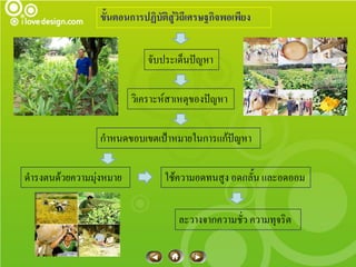 ขั้นตอนการปฏิบัติสู่วิถีเศรษฐกิจพอเพียง


                             จับประเด็นปัญหา

                         วิเคราะห์สาเหตุของปัญหา

                 กาหนดขอบเขตเป้าหมายในการแก้ปัญหา

ดารงตนด้วยความมุ่งหมาย           ใช้ความอดทนสูง อดกลั้น และอดออม


                                     ละวางจากความชั่ว ความทุจริต
 