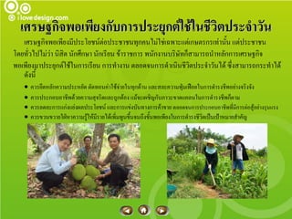 เศรษฐกิจพอเพียงกับการประยุกต์ใช้ในชีวิตประจาวัน
   เศรษฐกิจพอเพียงมีประโยชน์ต่อประชาชนทุกคนไม่ใช่เฉพาะแต่เกษตรกรเท่านั้น แต่ประชาชน
โดยทั่วไปไม่ว่า นิสิต นักศึกษา นักเรียน ข้าราชการ พนักงานบริษัทก็สามารถนาหลักการเศรษฐกิจ
พอเพียงมาประยุกต์ใช้ในการเรียน การทางาน ตลอดจนการดาเนินชีวิตประจาวันได้ ซึ่งสามารถกระทาได้
   ดังนี้
      ควรยึดหลักความประหยัด ตัดทอนค่าใช้จ่ายในทุกด้าน และสละความฟุ่มเฟือยในการดารงชีพอย่างจริงจัง
      ควรประกอบอาชีพด้วยความสุจริตและถูกต้อง แม้จะเผชิญกับภาวะขาดแคลนในการดารงชีพก็ตาม
      ควรลดละการแก่งแย่งผลประโยชน์ และการแข่งบันทางการค้าขาย ตลอดจนการประกอบอาชีพที่มีการต่อสู้อย่างรุนแรง
      ควรขวนขวายใฝ่หาความรู้ให้มีรายได้เพิ่มพูนขึ้นจนถึงขั้นพอเพียงในการดารงชีวิตเป็นเป้าหมายสาคัญ
 