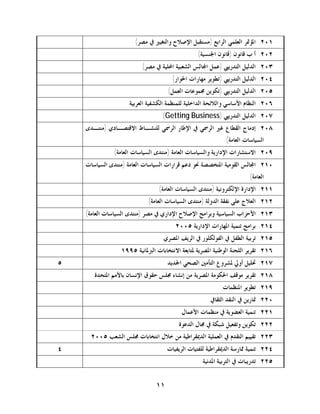 ‫١٠٢. ﺍﳌﺆﲤﺮ ﺍﻟﻌﻠﻤﻲ ﺍﻟﺮﺍﺑﻊ )ﻣﺴﺘﻘﺒﻞ ﺍﻹﺻﻼﺡ ﻭﺍﻟﺘﻐﻴﲑ ﰲ ﻣﺼﺮ(‬
                                                 ‫٢٠٢. ﺃ ﺏ ﻗﺎﻧﻮﻥ )ﻗﺎﻧﻮﻥ ﺍﳉﻨﺴﻴﺔ(‬
                          ‫٣٠٢. ﺍﻟﺪﻟﻴﻞ ﺍﻟﺘﺪﺭﻳﱯ )ﻋﻤﻞ ﺍ‪‬ﺎﻟﺲ ﺍﻟﺸﻌﺒﻴﺔ ﺍﶈﻠﻴﺔ ﰲ ﻣﺼﺮ(‬
                                      ‫٤٠٢. ﺍﻟﺪﻟﻴﻞ ﺍﻟﺘﺪﺭﻳﱯ )ﺗﻄﻮﻳﺮ ﻣﻬﺎﺭﺍﺕ ﺍﳊﻮﺍﺭ(‬
                                    ‫٥٠٢. ﺍﻟﺪﻟﻴﻞ ﺍﻟﺘﺪﺭﻳﱯ )ﺗﻜﻮﻳﻦ ﳎﻤﻮﻋﺎﺕ ﺍﻟﻌﻤﻞ(‬
                     ‫٦٠٢. ﺍﻟﻨﻈﺎﻡ ﺍﻷﺳﺎﺳﻲ ﻭﺍﻟﻼﺋﺤﺔ ﺍﻟﺪﺍﺧﻠﻴﺔ ﻟﻠﻤﻨﻈﻤﺔ ﺍﻟﻜﺸﻔﻴﺔ ﺍﻟﻌﺮﺑﻴﺔ‬
                                  ‫٧٠٢. ﺍﻟﺪﻟﻴﻞ ﺍﻟﺘﺪﺭﻳﱯ )‪(Getting Business‬‬
    ‫٨٠٢. ﺇﺩﻣﺎﺝ ﺍﻟﻘﻄﺎﻉ ﻏﲑ ﺍﻟﺮﲰﻲ ﰲ ﺍﻹﻃﺎﺭ ﺍﻟﺮﲰﻲ ﻟﻠﻨﺸـﺎﻁ ﺍﻻﻗﺘﺼـﺎﺩﻱ )ﻣﻨﺘـﺪﻯ‬
                                                            ‫ﺍﻟﺴﻴﺎﺳﺎﺕ ﺍﻟﻌﺎﻣﺔ(‬
               ‫٩٠٢. ﺍﻻﺳﺘﺸﺎﺭﺍﺕ ﺍﻹﺩﺍﺭﻳﺔ ﻭﺍﻟﺴﻴﺎﺳﺎﺕ ﺍﻟﻌﺎﻣﺔ )ﻣﻨﺘﺪﻯ ﺍﻟﺴﻴﺎﺳﺎﺕ ﺍﻟﻌﺎﻣﺔ(‬
    ‫٠١٢. ﺍ‪‬ﺎﻟﺲ ﺍﻟﻘﻮﻣﻴﺔ ﺍﳌﺘﺨﺼﺼﺔ ﳓﻮ ﺩﻋﻢ ﻗﺮﺍﺭﺍﺕ ﺍﻟﺴﻴﺎﺳﺎﺕ ﺍﻟﻌﺎﻣﺔ )ﻣﻨﺘﺪﻯ ﺍﻟﺴﻴﺎﺳﺎﺕ‬
                                                                      ‫ﺍﻟﻌﺎﻣﺔ(‬
                                 ‫١١٢. ﺍﻹﺩﺍﺭﺓ ﺍﻹﻟﻜﺘﺮﻭﻧﻴﺔ )ﻣﻨﺘﺪﻯ ﺍﻟﺴﻴﺎﺳﺎﺕ ﺍﻟﻌﺎﻣﺔ(‬
                            ‫٢١٢. ﺍﻟﻌﻼﺝ ﻋﻠﻰ ﻧﻔﻘﺔ ﺍﻟﺪﻭﻟﺔ )ﻣﻨﺘﺪﻯ ﺍﻟﺴﻴﺎﺳﺎﺕ ﺍﻟﻌﺎﻣﺔ(‬
    ‫٣١٢. ﺍﻷﺣﺰﺍﺏ ﺍﻟﺴﻴﺎﺳﻴﺔ ﻭﺑﺮﺍﻣﺞ ﺍﻹﺻﻼﺡ ﺍﻹﺩﺍﺭﻱ ﰲ ﻣﺼﺮ )ﻣﻨﺘﺪﻯ ﺍﻟﺴﻴﺎﺳﺎﺕ ﺍﻟﻌﺎﻣﺔ(‬
                                       ‫٤١٢. ﺑﺮﺍﻣﺞ ﺗﻨﻤﻴﺔ ﺍﳌﻬﺎﺭﺍﺕ ﺍﻹﺩﺍﺭﻳﺔ ٥٠٠٢‬
                                   ‫٥١٢. ﺗﺮﺑﻴﺔ ﺍﻟﻄﻔﻞ ﰲ ﺍﻟﻔﻮﻟﻜﻠﻮﺭ ﰲ ﺍﻟﺮﻳﻒ ﺍﳌﺼﺮﻱ‬
                 ‫٦١٢. ﺗﻘﺮﻳﺮ ﺍﻟﻠﺠﻨﺔ ﺍﻟﻮﻃﻨﻴﺔ ﺍﳌﺼﺮﻳﺔ ﳌﺘﺎﺑﻌﺔ ﺍﻻﻧﺘﺨﺎﺑﺎﺕ ﺍﻟﱪﳌﺎﻧﻴﺔ ٥٩٩١‬
‫٥‬                                   ‫٧١٢. ﲢﻠﻴﻞ ﺃﻭﱄ ﳌﺸﺮﻭﻉ ﺍﻟﺘﺄﻣﲔ ﺍﻟﺼﺤﻲ ﺍﳉﺪﻳﺪ‬
       ‫٨١٢. ﺗﻘﺮﻳﺮ ﻣﻮﻗﻒ ﺍﳊﻜﻮﻣﺔ ﺍﳌﺼﺮﻳﺔ ﻣﻦ ﺇﻧﺸﺎﺀ ﳎﻠﺲ ﺣﻘﻮﻕ ﺍﻹﻧﺴﺎﻥ ﺑﺎﻷﻣﻢ ﺍﳌﺘﺤﺪﺓ‬
                                                           ‫٩١٢. ﺗﻄﻮﻳﺮ ﺍﳌﻨﻈﻤﺎﺕ‬
                                                      ‫٠٢٢. ﲤﺎﺭﻳﻦ ﰲ ﺍﻟﻨﻘﺪ ﺍﻟﺜﻘﺎﰲ‬
                                          ‫١٢٢. ﺗﻨﻤﻴﺔ ﺍﻟﻌﻀﻮﻳﺔ ﰲ ﻣﻨﻈﻤﺎﺕ ﺍﻷﻋﻤﺎﻝ‬
                                         ‫٢٢٢. ﺗﻜﻮﻳﻦ ﻭﺗﻔﻌﻴﻞ ﺷﺒﻜﺔ ﰲ ﳎﺎﻝ ﺍﻟﺪﻋﻮﺓ‬
      ‫٣٢٢. ﺗﻘﻴﻴﻢ ﺍﻟﺘﻘﺪﻡ ﰲ ﺍﻟﻌﻤﻠﻴﺔ ﺍﻟﺪﳝﻘﺮﺍﻃﻴﺔ ﻣﻦ ﺧﻼﻝ ﺍﻧﺘﺨﺎﺑﺎﺕ ﳎﻠﺲ ﺍﻟﺸﻌﺐ ٥٠٠٢‬
‫٤‬                                   ‫٤٢٢. ﺗﻨﻤﻴﺔ ﳑﺎﺭﺳﺔ ﺍﻟﺪﳝﻘﺮﺍﻃﻴﺔ ﻟﻠﻔﺘﻴﺎﺕ ﺍﻟﺮﻳﻔﻴﺎﺕ‬
                                                   ‫٥٢٢. ﺗﺪﺭﻳﺒﺎﺕ ﰲ ﺍﻟﺘﺮﺑﻴﺔ ﺍﳌﺪﻧﻴﺔ‬


                               ‫١١‬
 