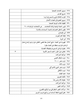 ‫٦٢٢. ﺗﺴﻮﻳﻖ ﺍﳋﺪﻣﺎﺕ ﺍﻟﺼﺤﻴﺔ‬
                                                           ‫٧٢٢. ﺗﺸﺮﻳﻊ ﺍﻟﻘﻮﺍﻧﲔ‬
                                     ‫٨٢٢. ﲡﺎﺭﺏ ﺍﻹﻋﻼﻡ ﺍﳌﺮﺋﻲ ﻭﺍﳌﺴﻤﻮﻉ ﰲ ﺃﻭﺭﺑﺎ‬
                                         ‫٩٢٢. ﺗﺴﻮﻳﻖ ﺍﻟﻌﻀﻮﻳﺔ ﰲ ﲨﻌﻴﺎﺕ ﺍﻷﻋﻤﺎﻝ‬
                                              ‫٠٣٢. ﲣﻄﻴﻂ ﲪﻼﺕ ﺍﻟﺘﻮﻋﻴﺔ ﺍﻟﺼﺤﻴﺔ‬
       ‫١٣٢. ﺗﻘﺮﻳﺮ ﺍﳊﻤﻠﺔ ﺍﻟﻮﻃﻨﻴﺔ ﳌﺮﺍﻗﺒﺔ ﺍﻻﻧﺘﺨﺎﺑﺎﺕ ... ﻋﻦ ﺍﻻﻧﺘﺨﺎﺑﺎﺕ ﺍﻟﱪﳌﺎﻧﻴﺔ ٥٠٠٢‬
                         ‫٢٣٢. ﺗﻄﻮﻳﺮ ﺍﳌﻨﺎﻃﻖ ﺍﻟﻌﺸﻮﺍﺋﻴﺔ ﻭﺍﻟﺘﻨﻤﻴﺔ )ﺍﻟﺴﻴﺎﺳﺎﺕ ﻭﺍﻹﺩﺍﺭﺓ(‬
                                                             ‫٣٣٢. ﲦﻦ ﺍﻹﺻﻼﺡ‬
                                                        ‫٤٣٢. ﺛﻘﺎﻓﺔ ﻛﺎﰎ ﺍﻟﺼﻮﺕ‬
                                                                ‫٥٣٢. ﲦﻦ ﺍﳊﺮﻳﺔ‬
    ‫٦٣٢. ﲨﻬﻮﺭﻳﺔ ﺷﻖ ﺍﻟﺜﻌﺒﺎﻥ )ﻧﺘﺎﺋﺞ ﺃﻋﻤﺎﻝ ﺑﻌﺜﺔ ﺗﻘﺼﻲ ﺍﳊﻘﺎﺋﻖ ﺣﻮﻝ ﺗﺮﺩﻱ ﺃﻭﺿﺎﻉ ﻋﻤﺎﻝ‬
                                      ‫ﺍﻟﺮﺧﺎﻡ ﻭﺍﳉﺮﺍﻧﻴﺖ ﲟﻨﻄﻘﺔ ﺷﻖ ﺍﻟﺜﻌﺒﺎﻥ ﺑﻄﺮﻩ(‬
                                 ‫٧٣٢. ﺣﻘﻮﻕ ﺍﳌﻮﺍﻃﻦ ﺍﻟﺪﺳﺘﻮﺭﻳﺔ ﻭﺗﻄﺒﻴﻘﺎ‪‬ﺎ ﺍﻟﻘﻀﺎﺋﻴﺔ‬
‫٣‬                                   ‫٨٣٢. ﺣﻘﺎﺋﻖ ﺣﻮﻝ ﺍﻟﻘﺮﺍﺭ ﺍﳉﺪﻳﺪ ﻟﺘﺴﻌﲑ ﺍﻷﺩﻭﻳﺔ‬
                                                        ‫٩٣٢. ﺣﻮﻛﻤﺔ ﺍﻟﺸﺮﻛﺎﺕ‬
                                                      ‫٠٤٢. ﺣﺰﺏ ﺍﻟﻮﻓﺎﻕ ﺍﻟﻘﻮﻣﻲ‬
                                                       ‫١٤٢. ﺣﺰﺏ ﻣﺼﺮ ٠٠٠٢‬
                                                              ‫٢٤٢. ﺣﺰﺏ ﺍﻷﻣﺔ‬
                                              ‫٣٤٢. ﺣﺰﺏ ﻣﺼﺮ ﺍﻟﻌﺮﰊ ﺍﻻﺷﺘﺮﺍﻛﻲ‬
                                                            ‫٤٤٢. ﺣﺰﺏ ﺍﻟﺘﻜﺎﻓﻞ‬
                                                              ‫٥٤٢. ﲪﺎﻳﺔ ﺃﻃﻔﺎﻟﻨﺎ‬
                                                           ‫٦٤٢. ﺣﻜﻤﺔ ﺍﳌﺼﺮﻳﲔ‬
                                                    ‫٧٤٢. ﺣﻘﻮﻗﻨﺎ ﺍﻵﻥ ﻭﻟﻴﺲ ﻏﺪﺍﹰ‬
                                                        ‫٨٤٢. ﺣﻮﻛﻤﺔ ﺍﻟﺸﺮﻛﺎﺕ‬
                                                           ‫٩٤٢. ﺣﺮﻛﺎﺕ ﺍﻟﺘﻐﻴﲑ‬
                               ‫٠٥٢. ﺣﺮﻛﺎﺕ ﺍﻟﺘﻐﻴﲑ ﺍﻟﺪﳝﻘﺮﺍﻃﻲ ﺑﲔ ﺍﻟﻮﺍﻗﻊ ﻭﺍﻟﻄﻤﻮﺡ‬
                        ‫١٥٢. ﺣﻔﻞ ﲣﺮﻳﺞ ﺍﻟﺪﻓﻌﺔ ﺍﻟﺴﺎﺩﺳﺔ ﻣﻦ ﺑﺮﻧﺎﻣﺞ ﺗﺪﺭﻳﺐ ﺍﳌﺪﺭﺑﲔ‬


                               ‫٢١‬
 