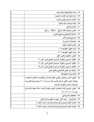 ‫٦٧. ﺇﻋﺪﺍﺩ ﺧﻄﺔ ﺗﻨﻔﻴﺬﻳﺔ ﳊﻤﻠﺔ ﺩﻋﻮﺓ‬
                                        ‫٧٧. ﺇﺩﺍﺭﺓ ﺍﳉﻮﺩﺓ ﰲ ﺍﳋﺪﻣﺎﺕ ﺍﻟﺼﺤﻴﺔ‬
                                          ‫٨٧. ﺍﻹﻋﺪﺍﺩ ﻻﺟﺘﻤﺎﻉ ﳎﻠﺲ ﺍﻹﺩﺍﺭﺓ‬
                                             ‫٩٧. ﺇﻋﺪﺍﺩ ﻭﺻﻴﺎﻧﺔ ﺭﺳﺎﻟﺔ ﺍﻟﺪﻋﻮﺓ‬
                                                        ‫٠٨. ﺍﻹﺩﺍﺭﺓ ﺑﺎﻟﻨﺘﺎﺋﺞ‬
                        ‫١٨. ﺍ‪‬ﺎﻟﺲ ﺍﻟﺸﻌﺒﻴﺔ ﺍﶈﻠﻴﺔ )ﺍﻟﻮﺍﻗﻊ .. ﺍﳌﺸﻜﻠﺔ .. ﻭﺍﳊﻞ(‬
                                     ‫٢٨. ﺍﻟﺴﻼﻡ ﺍﻻﺟﺘﻤﺎﻋﻲ ﰲ ﺍ‪‬ﺘﻤﻊ ﺍﳌﺼﺮﻱ‬
                                                  ‫٣٨. ﺍﻟﺘﺴﺎﻣﺢ ﻭﻗﺒﻮﻝ ﺍﻵﺧﺮ‬
                                                   ‫٤٨. ﺍﻟﺘﻌﺪﻳﻼﺕ ﺍﻟﺪﺳﺘﻮﺭﻳﺔ‬
                                                  ‫٥٨. ﺍﻏﺘﻴﺎﻝ ﺍﻟﻨﻘﺎﺑﺎﺕ ﺍﳌﻬﻨﻴﺔ‬
                                            ‫٦٨. ﺇﺩﺍﺭﺓ ﺍﳉﻬﻮﺩ ﺍﻟﺘﻄﻮﻋﻴﺔ ٢-١‬
                                            ‫٧٨. ﺇﺩﺍﺭﺓ ﺍﳉﻬﻮﺩ ﺍﻟﺘﻄﻮﻋﻴﺔ ١-٣‬
                                          ‫٨٨. ﺍﻟﺘﻘﺎﺭﻳﺮ ﺍﳊﻜﻮﻣﻴﺔ ﻭﺗﻘﺎﺭﻳﺮ ﺍﻟﻈﻞ‬
                ‫٩٨. ﺍﻟﺘﻔﻜﲑ ﺍﻟﺴﻴﺎﺳﻲ ﻭﺍﻟﻨﻈﺮﻳﺔ ﺍﻟﺴﻴﺎﺳﻴﺔ ﻭﺍ‪‬ﺘﻤﻊ ﺍﳌﺪﱐ )ﺍﳉﺰﺀ ١(‬
                ‫٠٩. ﺍﻟﺘﻔﻜﲑ ﺍﻟﺴﻴﺎﺳﻲ ﻭﺍﻟﻨﻈﺮﻳﺔ ﺍﻟﺴﻴﺎﺳﻴﺔ ﻭﺍ‪‬ﺘﻤﻊ ﺍﳌﺪﱐ )ﺍﳉﺰﺀ ٢(‬
                ‫١٩. ﺍﻟﺘﻔﻜﲑ ﺍﻟﺴﻴﺎﺳﻲ ﻭﺍﻟﻨﻈﺮﻳﺔ ﺍﻟﺴﻴﺎﺳﻴﺔ ﻭﺍ‪‬ﺘﻤﻊ ﺍﳌﺪﱐ )ﺍﳉﺰﺀ ٣(‬
                               ‫٢٩. ﺍﳌﻮﺍﻃﻨﺔ ﻋﱪ ﺍﻟﻌﻤﻞ ﺍﻻﺟﺘﻤﺎﻋﻲ ﻭﺍﻟﻌﻤﻞ ﺍﳌﺪﱐ‬
                                                ‫٣٩. ﺃﻟﻔﺎﻅ ﻭﻣﻌﺎﻥ ﺍﻟﺪﳝﻘﺮﺍﻃﻴﺔ‬
‫٤٩. ﺍﳌﻠﺘﻘﻰ ﺍﳋﺎﻣﺲ ﻟﻠﻤﺠﻠﺲ ﺍﻟﻘﻮﻣﻲ ﳊﻘﻮﻕ ﺍﻹﻧﺴﺎﻥ ﻭﺍﳌﻨﻈﻤـﺎﺕ ﺍﻷﻫﻠﻴـﺔ ﳌﻨﺎﻗﺸـﺔ‬
‫ﻣﻌﻮﻗﺎﺕ ﺍﻟﻌﻤﻞ ﺍﻷﻫﻠﻲ ﰲ ﻇﻞ ﺍﻟﻘﺎﻧﻮﻥ ٤٨ ﻟﺴـﻨﺔ ٢٠٠٢ ﻭﺍﻟﻮﺿـﻌﻴﺔ ﺍﻟﻘﺎﻧﻮﻧﻴـﺔ‬
                                       ‫ﻟﻠﺸﺮﻛﺎﺕ ﺍﳌﺪﻧﻴﺔ ﻭﺍﳌﻨﻈﻤﺎﺕ ﺍﻷﺟﻨﺒﻴﺔ‬
‫٥٩. ﺍﻟﺘﻘﺮﻳﺮ ﺍﻟﺴﻨﻮﻱ ﺍﻟﺜﺎﻟﺚ ﻟﻠﻤﺠﻠﺲ ﺍﻟﻘﻮﻣﻲ ﳊﻘﻮﻕ ﺍﻹﻧﺴﺎﻥ )ﺣﺎﻟﺔ ﺣﻘﻮﻕ ﺍﻹﻧﺴﺎﻥ ﰲ‬
                                                ‫ﻣﺼﺮ ٦٠٠٢ – ٧٠٠٢(‬
                                                  ‫٦٩. ﺍﻟﺘﺨﻄﻴﻂ ﺍﻻﺳﺘﺮﺍﺗﻴﺠﻲ‬
                   ‫٧٩. ﺍﻟﺴﻜﺮﺗﺎﺭﻳﺔ .. ﺍﳉﺰﺀ ﺍﻷﻭﻝ )ﻣﻬﺎﺭﺍﺕ ﺗﻨﻈﻴﻢ ﻭﺇﺩﺍﺭﺓ ﺍﻟﻌﻤﻞ(‬
             ‫٨٩. ﺍﻹﺩﺍﺭﺓ ﺍﶈﻠﻴﺔ ﻭﺍﻟﺘﻨﻤﻴﺔ ﰲ ﻇﻞ ﺇﻋﺎﺩﺓ ﺻﻴﺎﻏﺔ ﺩﻭﺭ ﺍﻟﺪﻭﻟﺔ )ﺍ‪‬ﻠﺪ ١(‬
             ‫٩٩. ﺍﻹﺩﺍﺭﺓ ﺍﶈﻠﻴﺔ ﻭﺍﻟﺘﻨﻤﻴﺔ ﰲ ﻇﻞ ﺇﻋﺎﺩﺓ ﺻﻴﺎﻏﺔ ﺩﻭﺭ ﺍﻟﺪﻭﻟﺔ )ﺍ‪‬ﻠﺪ ٢(‬


                           ‫٦‬
 